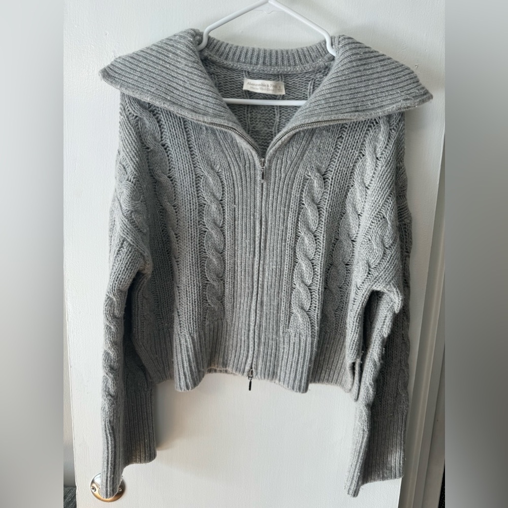 Abercrombie & Fitch Gray Cable Knit Merino Wool Blend Double Zip Sweater